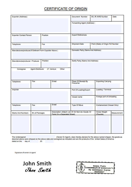 Certificate of Origin document for export legalization